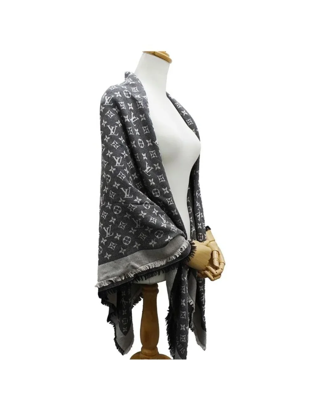 Louis Vuitton Shawl Silk Wool Monogram Black Large Logo Casual Scarf